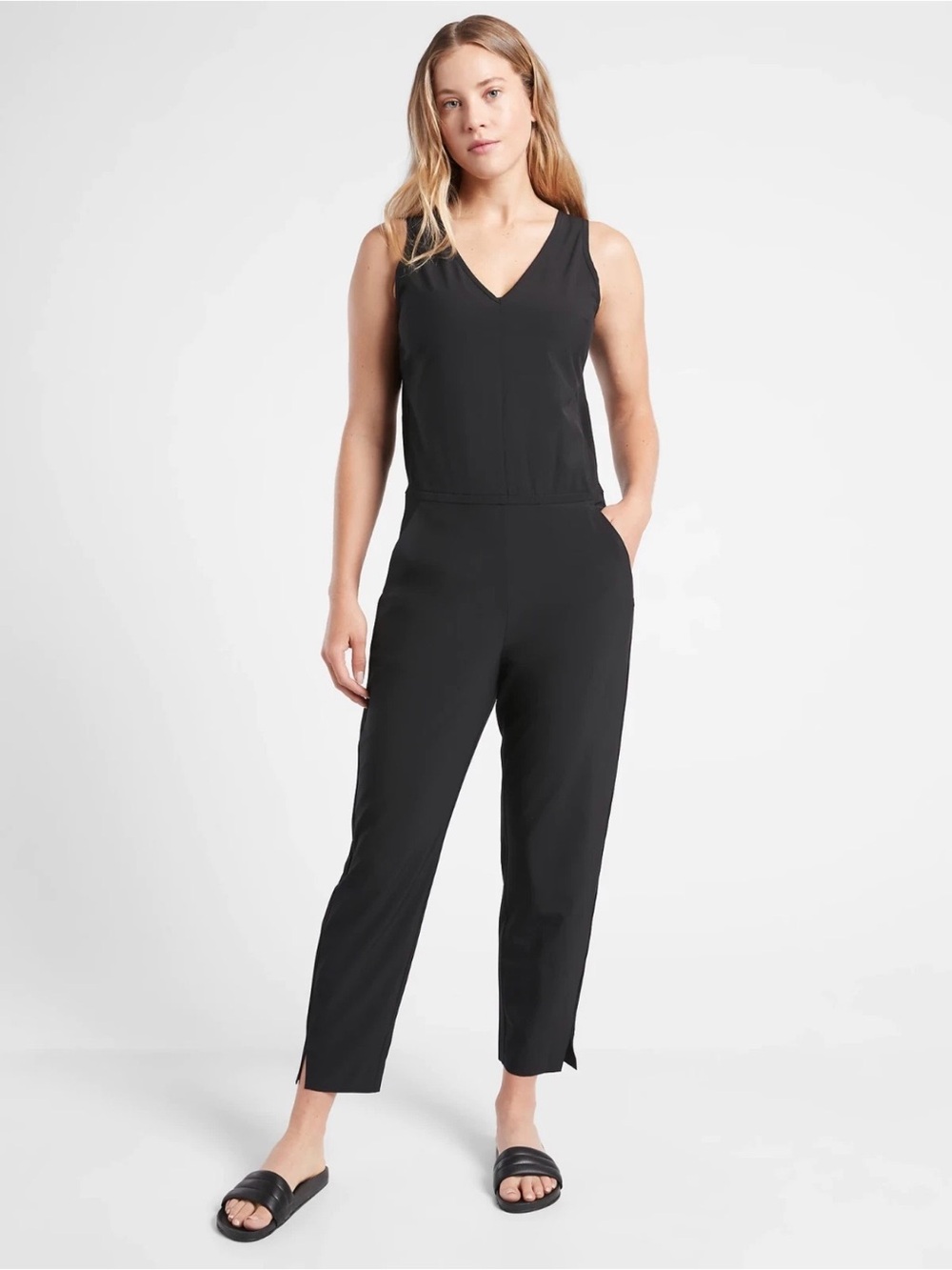 Athleta Brooklyn Jumpsuit Black Sleeveless V-Neck with Ankle Slits